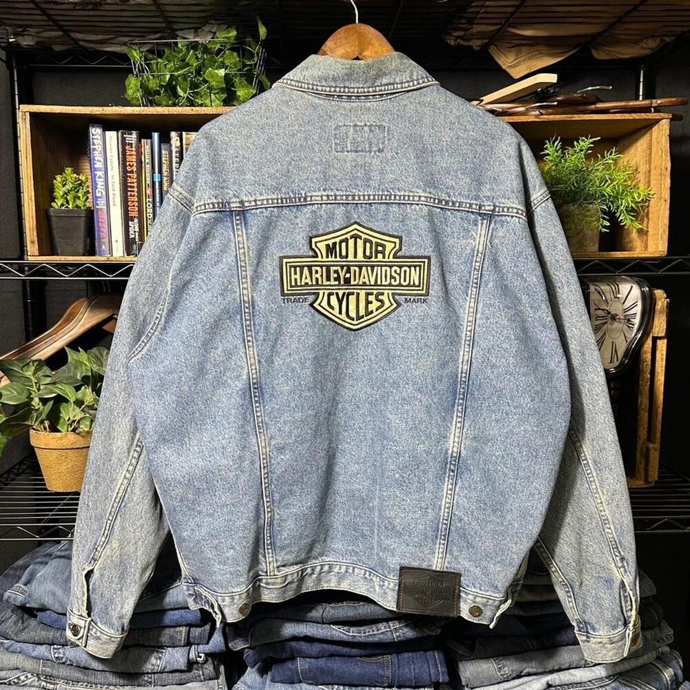 Vintage Harley Davidson Denim Jean Jacket Motorcyles Patch Logo Biker Mens Large